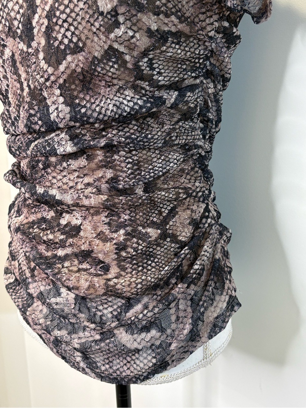 Snakeskin Print Ruched Mesh Top Bodycon Y2K Mob Wife Taupe Brown Est M - Picture 4 of 10